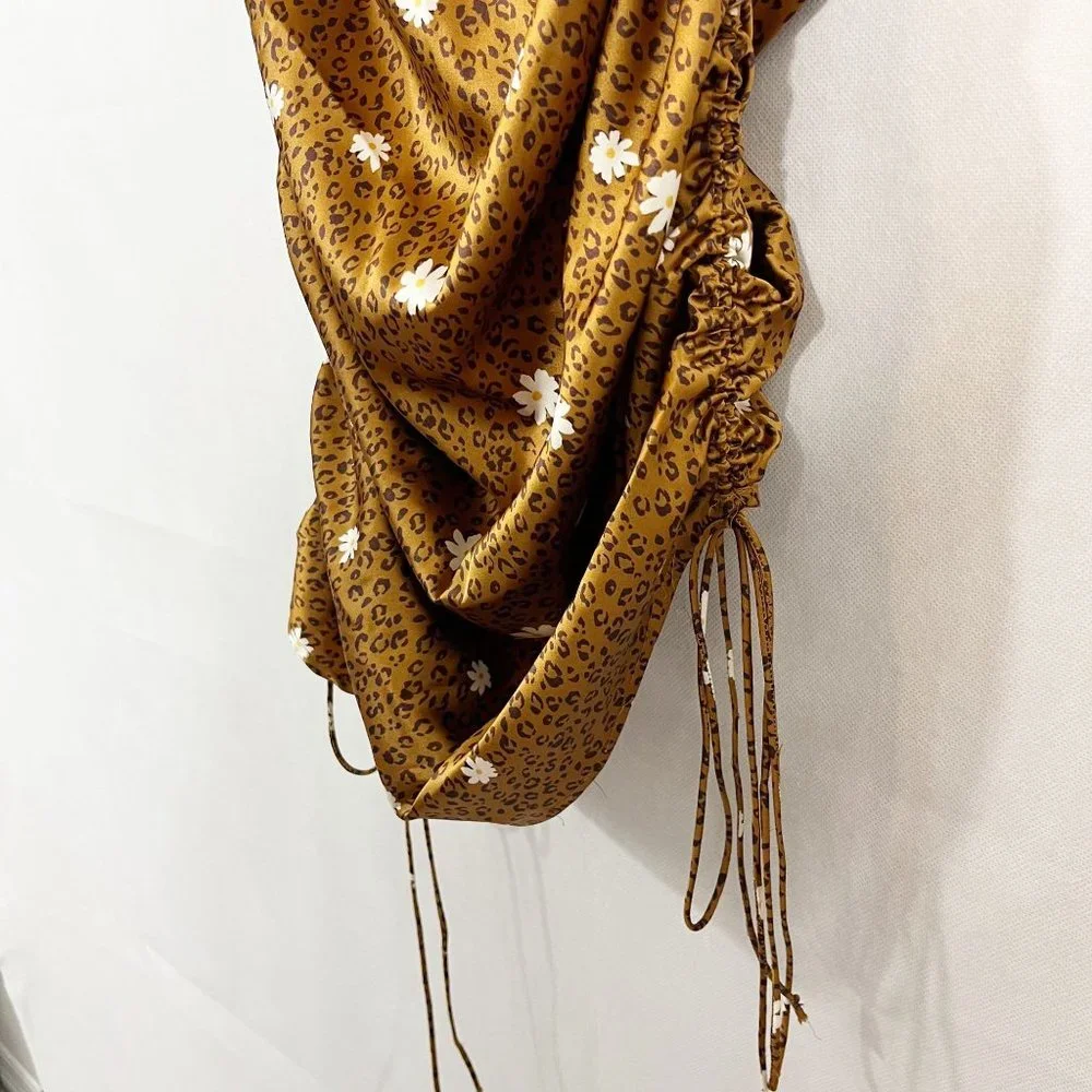 For Love & Lemons Tawney Midi Skirt Brown‎ Leopard Floral Satin Ruched - Size XS